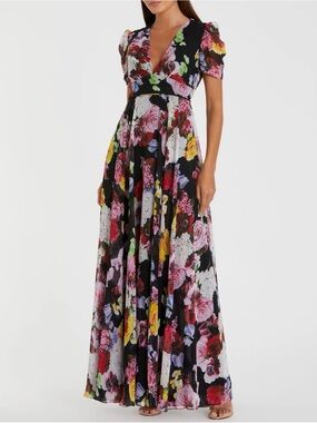 Black Floral Print Mesh Short Sleeve Gown